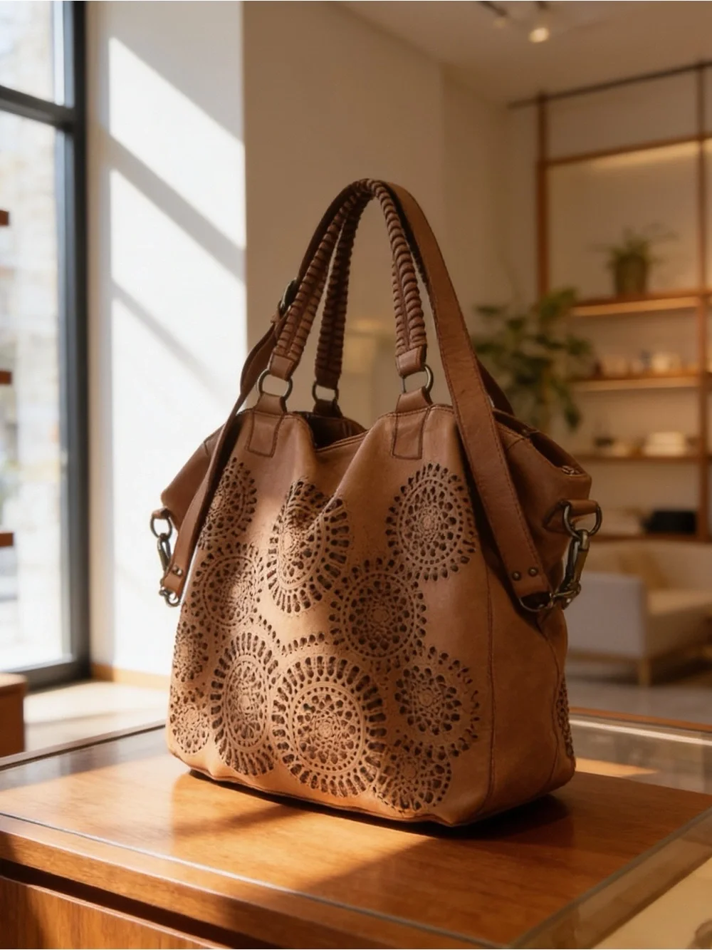 ERRELLEVENTIDUE Made in Italy Tan Laser Cut Leather Hobo Bag Top Zipper Dust Bag